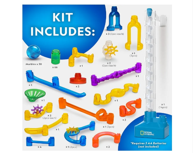 National Geographic Marble Run with Motorized Elevator - 150-Piece Marble Maze Kit with Motorized Spiral Lift, 30 Marbles, Storage Bag & More, Perpetual Motion Machine, Marble Game, Kids Physics Toys