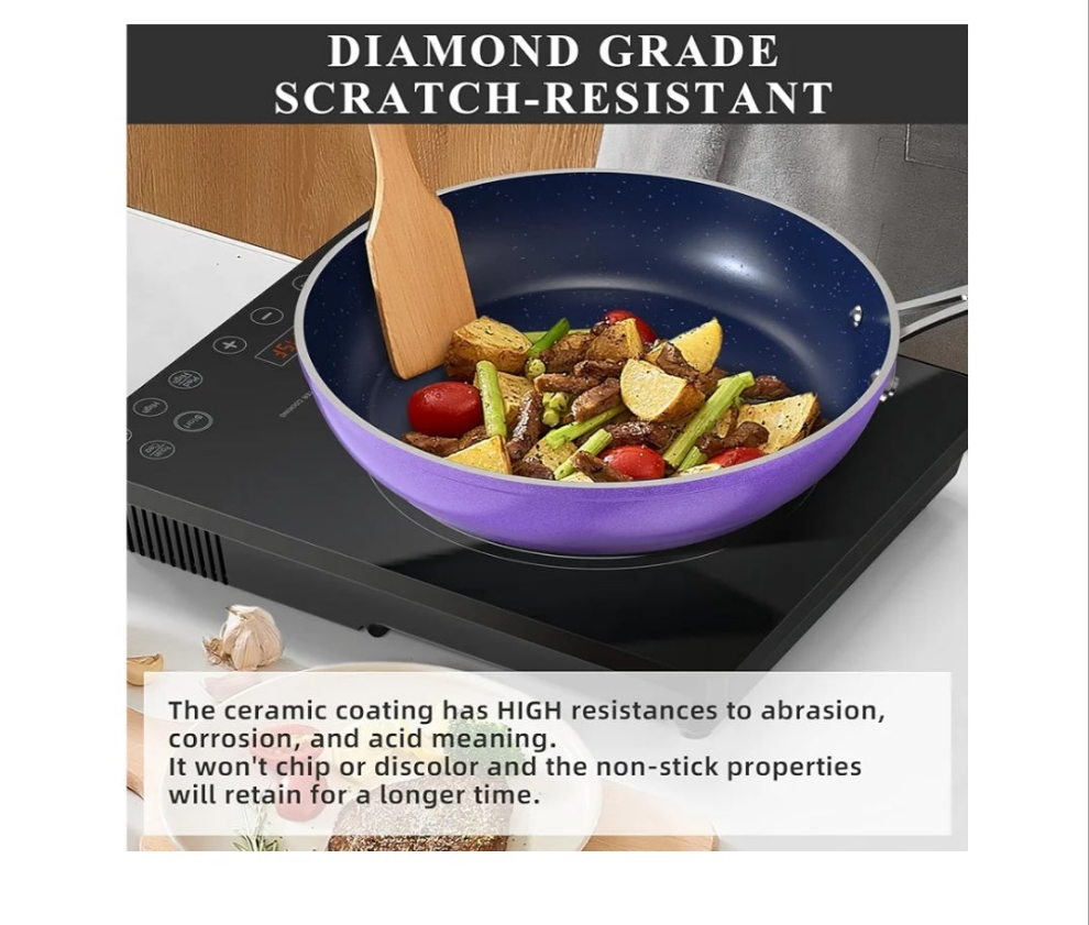 Ceramic Nonstick Cookware Set, Diamond Infused Scratch-Resistant, PFAS Free, Dishwasher & Oven Safe, Induction Ready & Evenly Heats, Tempered Glass Lids & Stay-Cool Handles