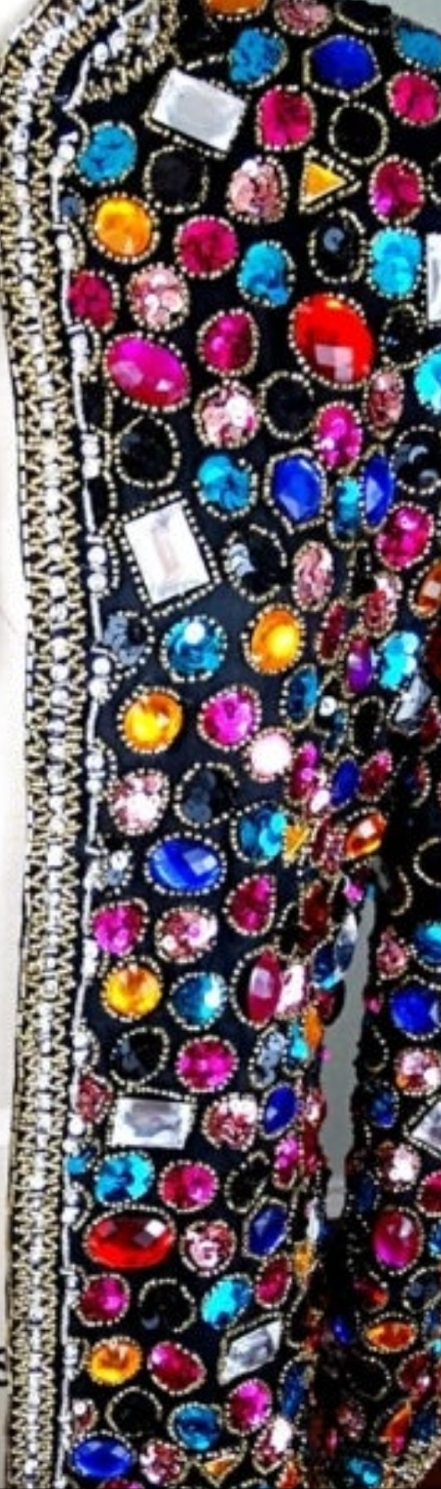 COCOMONEY Jewel Embellished Sequin Trophy Jacket // Rainbow Rhinestone Crystal Gem Beaded Evening JacketBust Medium - Bust - 36" +Shoulders - 16"
Sleeves - 21"
Top to Bottom - 24"