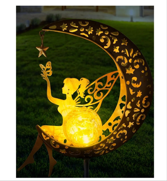 Solar Garden Statues Outdoor Decor, Fairy Moon Figurine Light Stake, Housewarming Ornament for Patio, Lawn, Yard, Pathway - Unique Gift Ideas for Gardening
