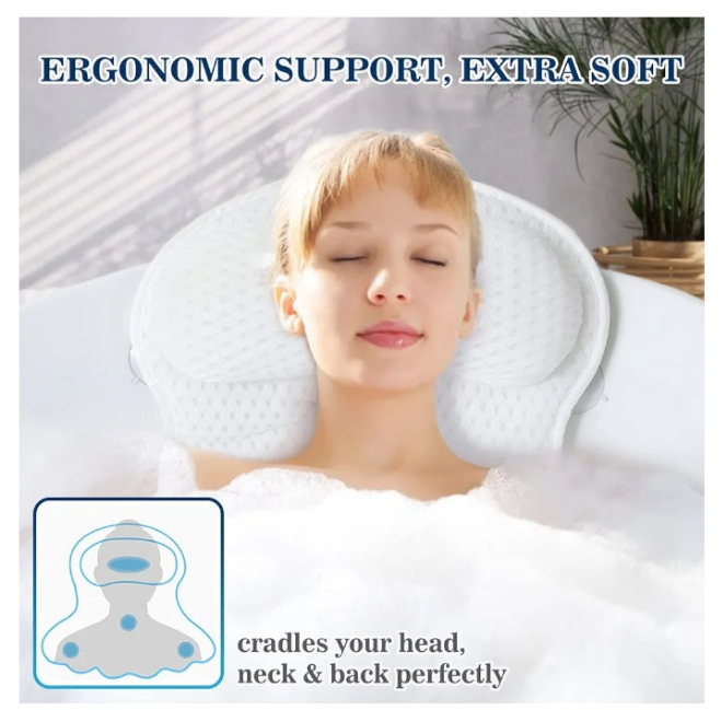 Bath Pillow Bathtub Pillow, Luxury Bath Pillows for Tub Neck and Back Support, Bath Tub Pillow Headrest with Soft 4D Mesh Fabric and Non-Slip Suction Cups, Relaxing Bath Accessories Spa Gifts