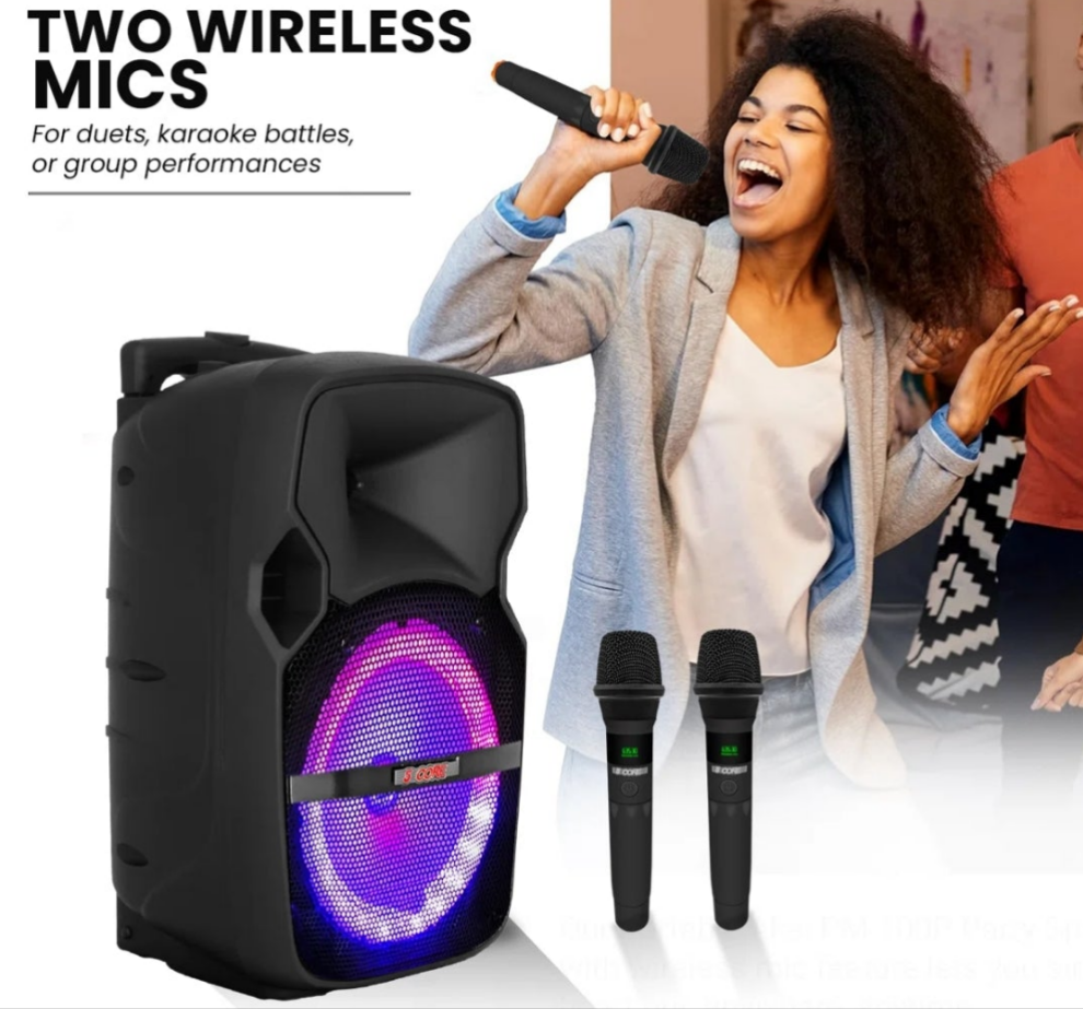 Party Speaker Bluetooth 400W Big Powered Rechargeable Outdoor PA DJ System w 2 Wireless Mics