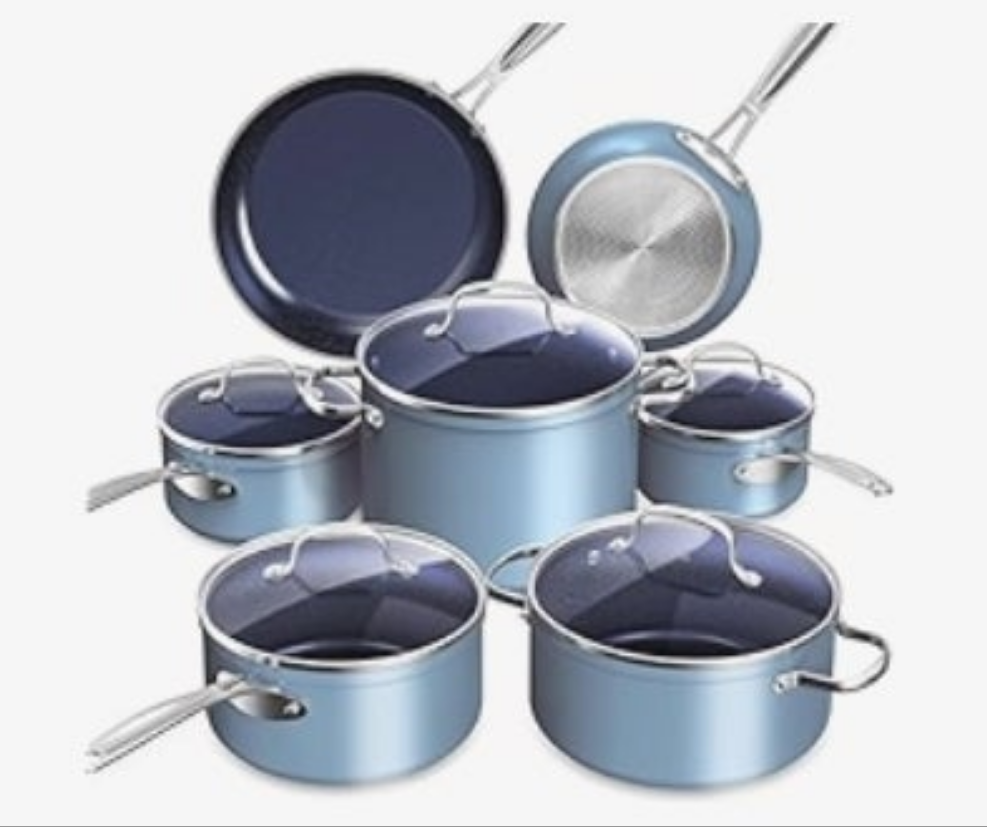 Ceramic Nonstick Cookware Set, Diamond Infused Scratch-Resistant, PFAS Free, Dishwasher & Oven Safe, Induction Ready & Evenly Heats, Tempered Glass Lids & Stay-Cool Handles