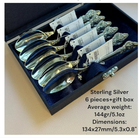 925 Sterling Silver Teaspoon Set - Silver Jewelry Teaspoons - Memorable Gift Set Silverware Utensils - Keepsake Engraveable Plain - Rosette Design, 144 g