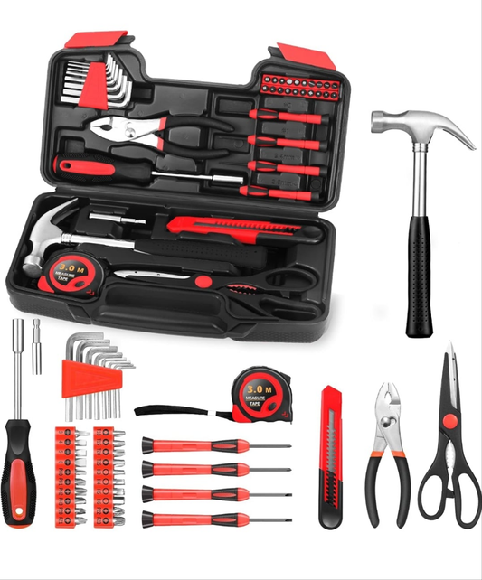 39-Piece Household Tool Set with Toolbox Storage Case - All Purpose Small Hand Tool Kit Includes Essential Tools for Home, Office, College Repairs, Red