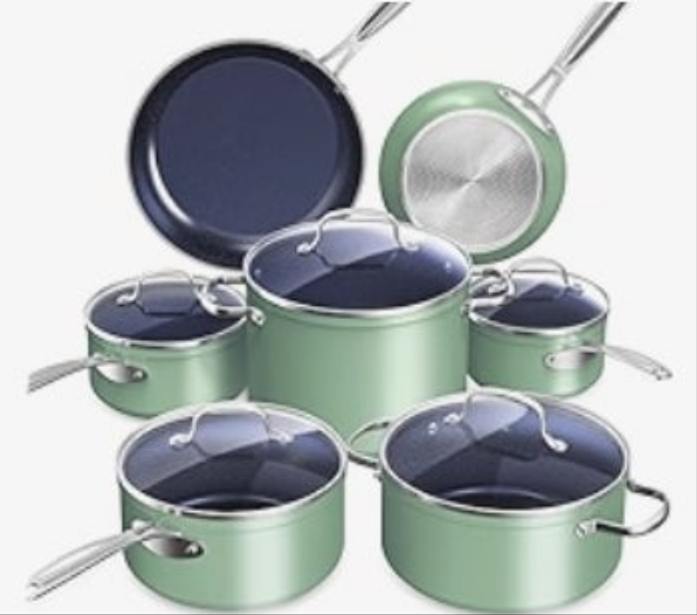 Ceramic Nonstick Cookware Set, Diamond Infused Scratch-Resistant, PFAS Free, Dishwasher & Oven Safe, Induction Ready & Evenly Heats, Tempered Glass Lids & Stay-Cool Handles
