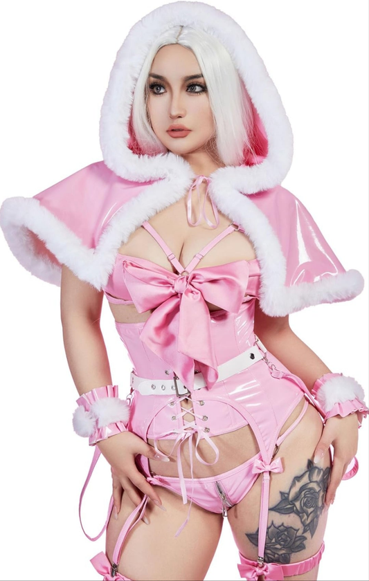 Lingerie Pink Bowknot Gift Style Cosplay Lingerie Set and Hooded Cape Cocomoney Package: cape, top, corset, panty, belt, hand accessory*2, leg ring*2