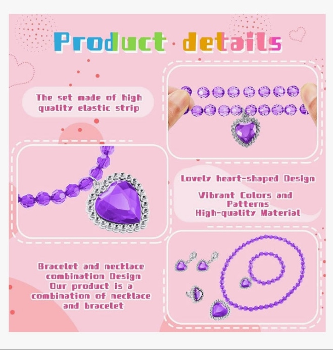 6 Set Princess Jewelry Dress Up Jewelry Princess Pretend Toy Jewelry Set with Necklace Bracelet Rings Earrings Princess Costume Jewelry Beaded Toy Necklace for Party Favors Costume (Colorful)
