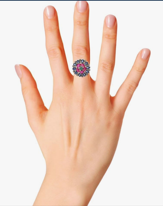 Colorful Gemstone Silver Ring Art Deco 925 Sterling Silver Wedding Ring Rainbow Anniversary Ring Ruby Emerald Sapphire Diamond Jewelry Christmas Gifts