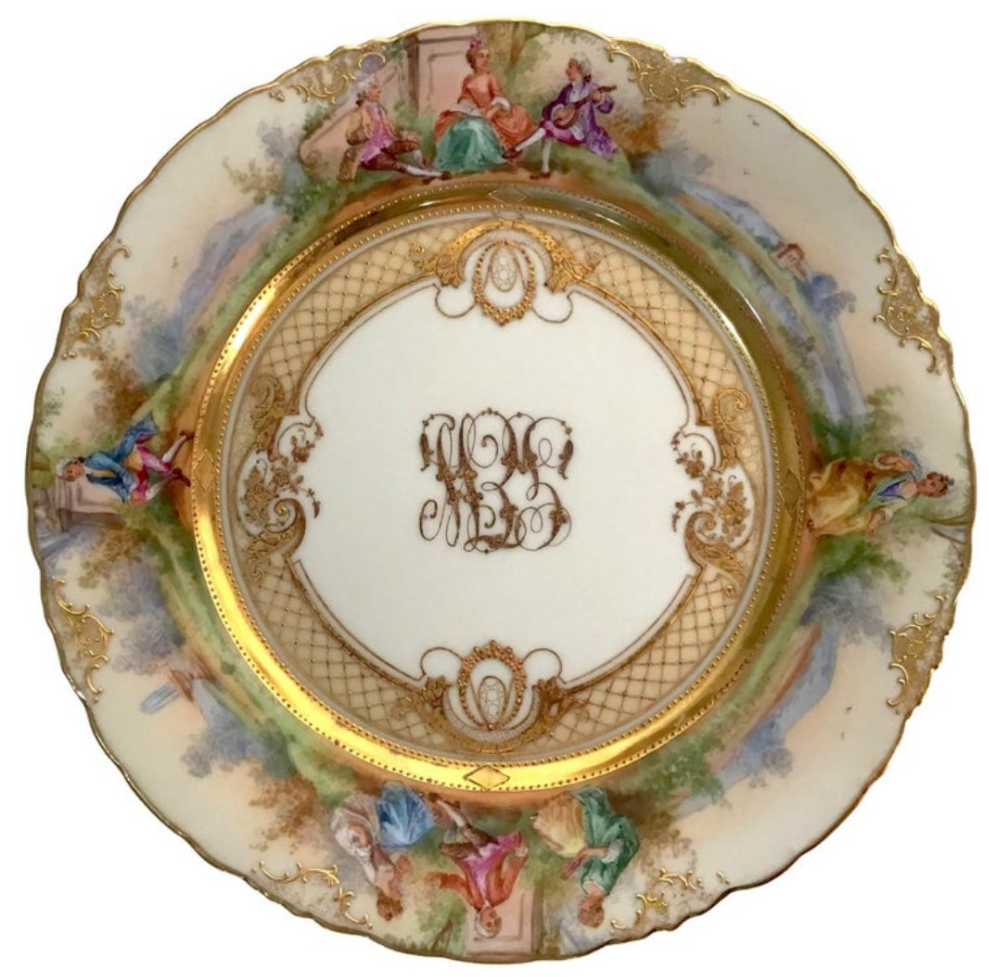 Dresden Ambrosius Lamm Footed Cups and Dessert Plates Set for 10 Hand Painted