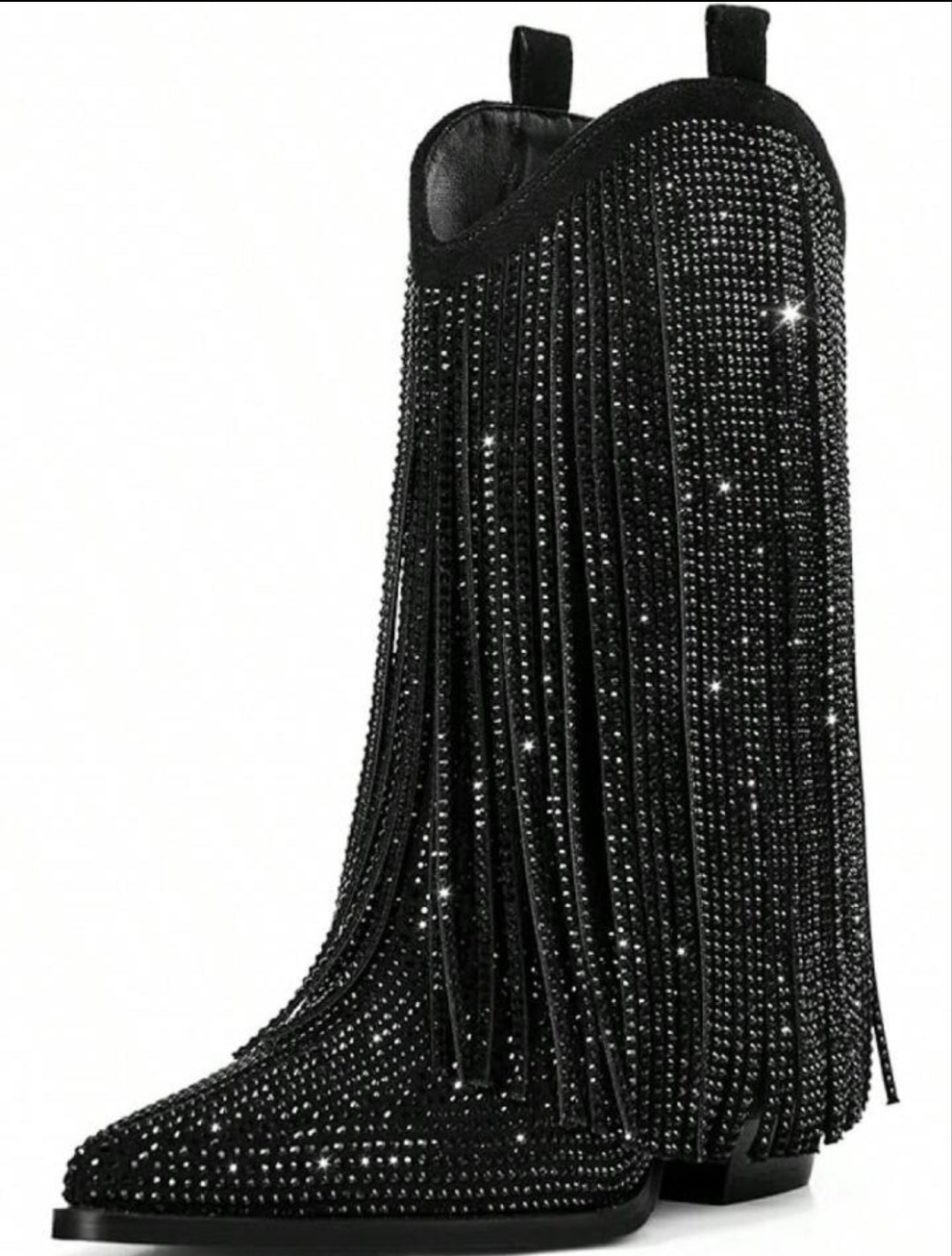 Cowgirl Rhinestone Boots With Sparkly Fringe Pointed Toe Western Ankle Boots & Booties Chunky Heel Pull-On