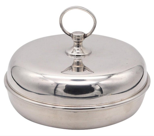 Hermes Paris 1960 Vintage Modernist Desk Box Round Covered Dish In silver