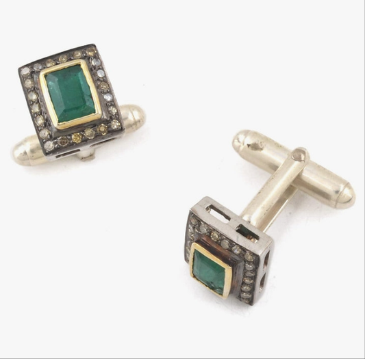 Green Emerald Gemstone Cufflinks For Men Square Shape 925 Sterling Silver – 1.85 Cts Emerald Birthstone 0.54 Carat Brown Diamond (I2-I3 Clarity) Festive Wedding Outfit Buttons For Men (2 Pieces)