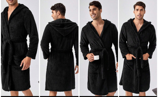 Men Dual Pocket Hooded Belted Teddy Robe COCOMONEY