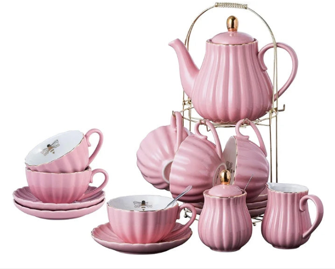 QUEEN BEE COLLECTION Fine China tea set Coffee Cup/Teacup Set, 8 OZ Cups & Saucer, with Teapot-Sugar Bowl-Cream Pitcher Teaspoons and tea strainer for Tea/Coffee, Serve of 6)