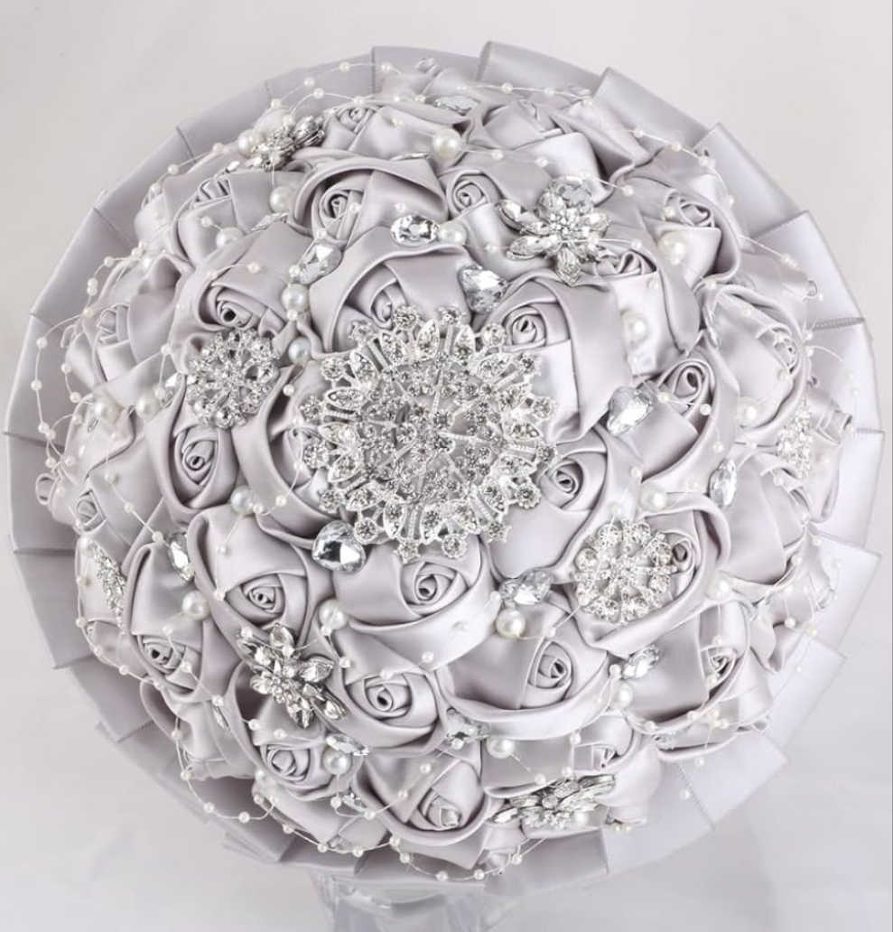 One Big Size(8.26) Diamond Bridal Wedding Bouquet Bridesmaid Toss Bouquet Foam Rose Bouquet with Ribbon