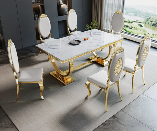 7 - Piece Pedestal Dining Set Faux Marble and Stainless Steel Fancy