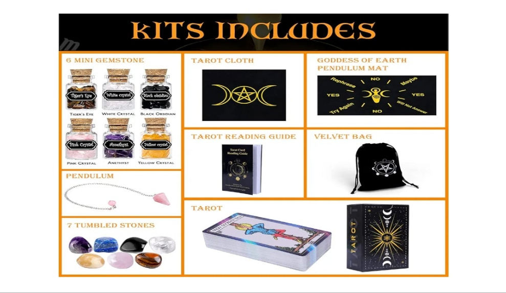 Tarot Cards with Guide Book 18 Pcs Include 1 Deck of 78 Cards 、6 Mini Crystal Jars，7 Chakra Stones,1 Spirit Pendulum，1 Cloth ，1Goddess of Earth Pendulum mat，1 Velvet Bag