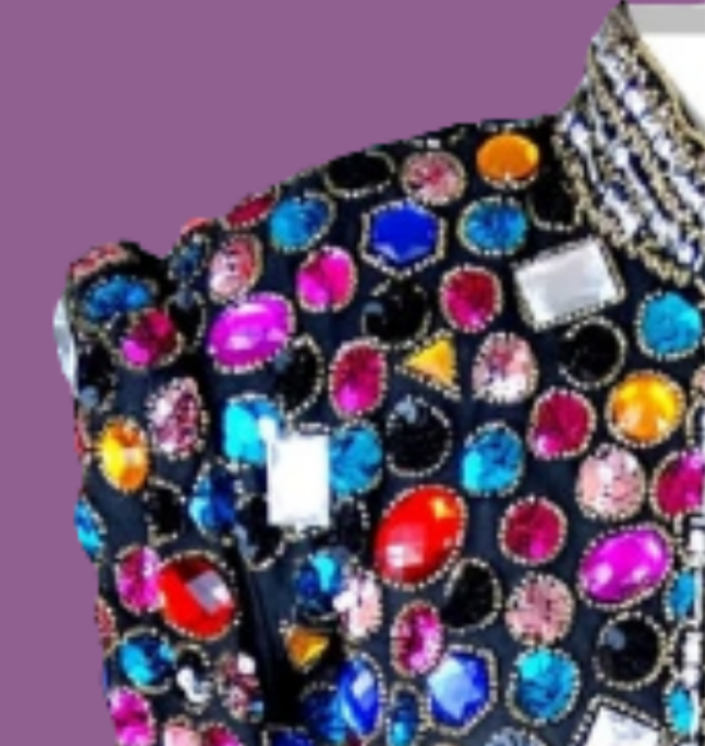 COCOMONEY Jewel Embellished Sequin Trophy Jacket // Rainbow Rhinestone Crystal Gem Beaded Evening JacketBust Medium - Bust - 36" +Shoulders - 16"
Sleeves - 21"
Top to Bottom - 24"