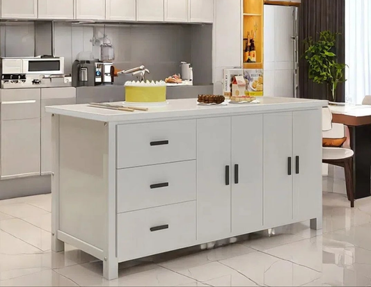 White Kitchen Island with Marble Top, Solid Wood Base, and Storage Cabinets
