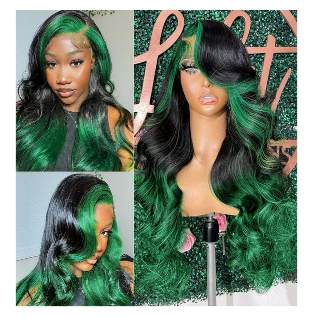 Green Ombre Lace Front Wig Human Hair Highlight Green Lace Front Wig Pre Plucked 13x4 Body Wave Lace Frontal Wig Black and Green Skunk Stripe Human Hair Wig Glueless Colored 18 Inch 150% Density