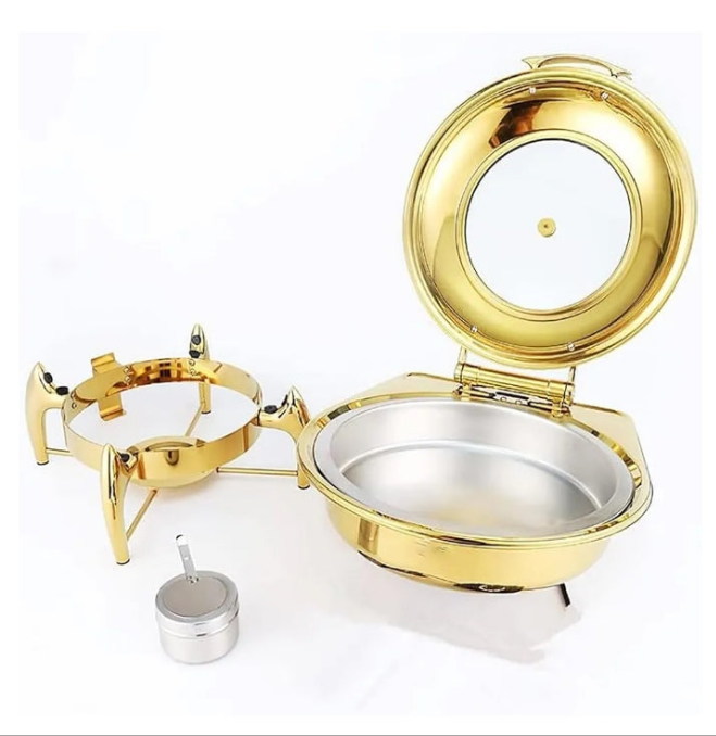 Gold plated Stainless Steel Chafing Dish, Gold-Plated Round Buffet Stove, Commercial Hotel Restaurant Heating Furnace, Hydraulic Transparent Cover Buffet Stove