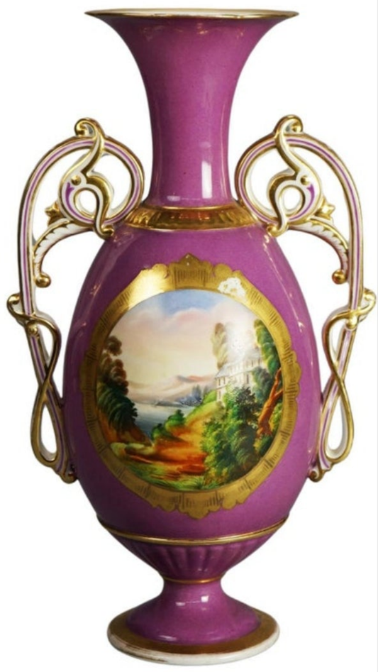 Antique Old Paris Porcelain Scenic Landscape Vase with Scroll Form Handles