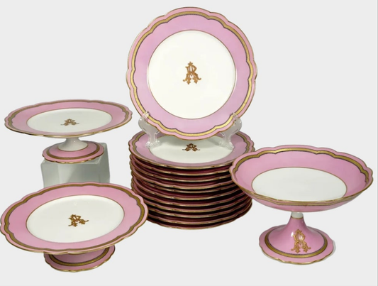 Antique French Old Paris Porcelain Pompadour Pink 15pc Dessert Service Hand Painted Gold Monogram