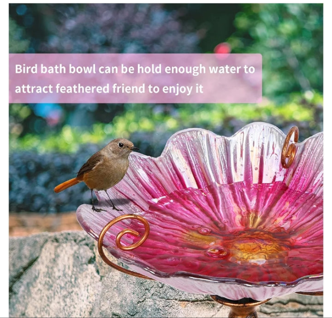 31 Inch Height Glass Birdbath Birdfeeder with Metal Stake Garden Yard Outdoor
