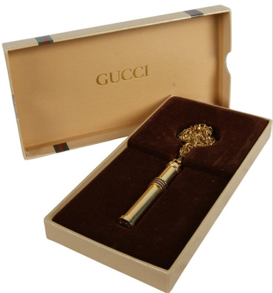 1980s Vintage GUCCI Gold Plated Necklace Perfume Bottle Stick Pendant NOS in Box