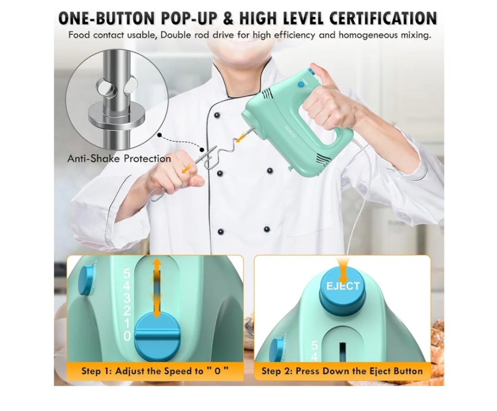 Electric Hand Mixer with Stainless Steel Whisk, Dough Hook Attachment and Storage Bag, Handheld Mixer for Baking Cakes, Eggs, Cream Food Mixers. Turbo Boost /5 Speed Kitchen Blender