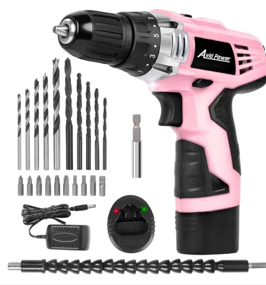AVID POWER Cordless Drill Pink, 12V Power Drill Set with 22pcs Impact Driver/Drill Bits, 2 Variable Speed, 3/8'' Keyless Chuck, 15+1 Torque Setting (Pink)