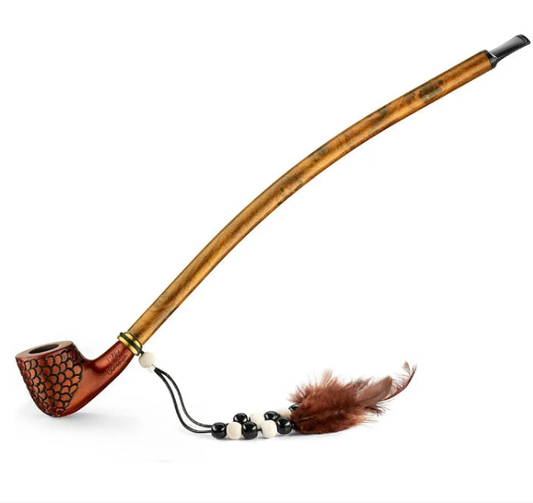 Extra Long 14" Stem Churchwarden Pipe - With Indian Spirit Feathers & Beads - Hand Made Wood Smoking Bowl - in Gift Box