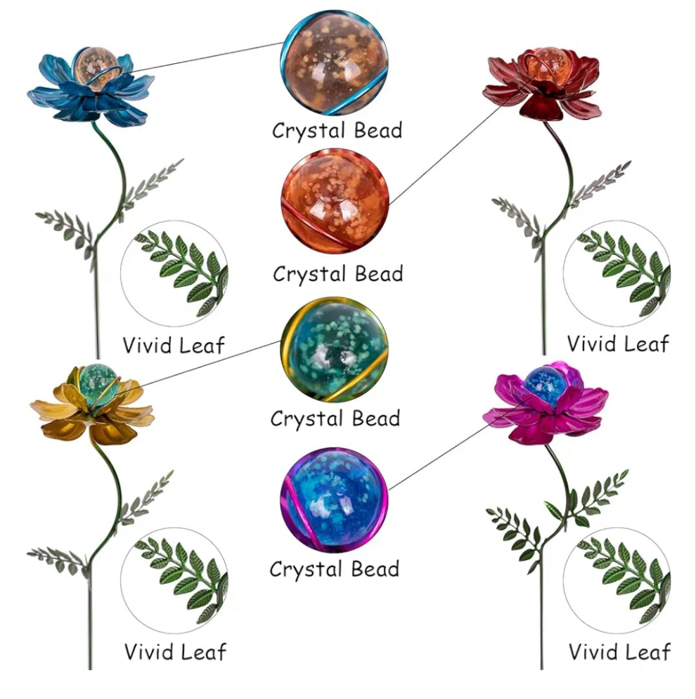 4 Pack Flower Garden Stakes Decor, 12.9 inch Metal Flowers Outdoor Decor Waterproof Metal Flower Sticks for Patio, Lawn, Yard Decorations