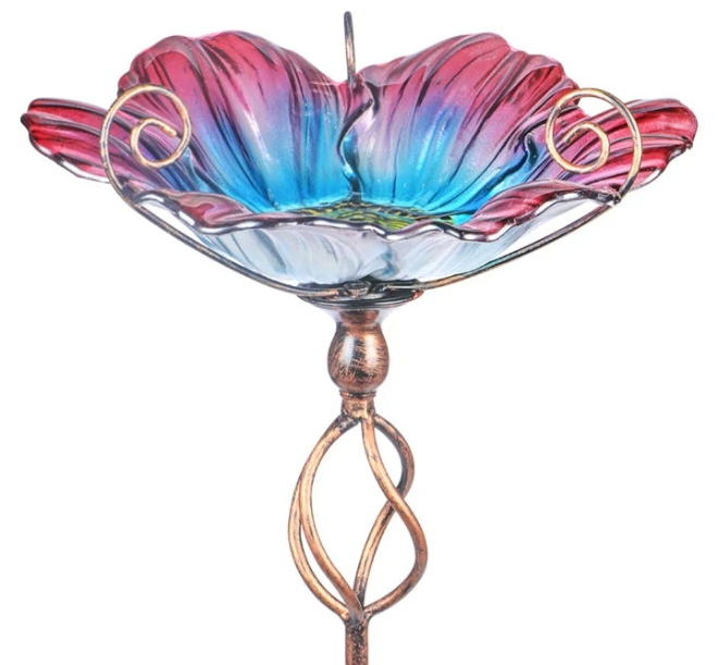 31 Inch Height Glass Birdbath Birdfeeder with Metal Stake Garden Yard Outdoor