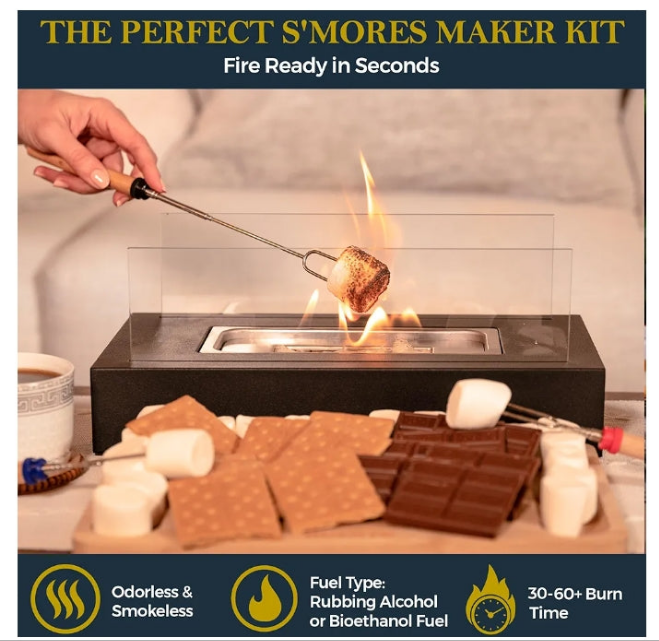 Tabletop Fire Pit with Smores Maker Kit Portable Indoor/Outdoor Mini Small Fireplace Table Top Decor Home Patio Gifts for Women Mom Her Wedding Housewarming Christmas Birthday White Elephant Gift