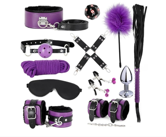 Sex Bondage Restraint Kits BDSM Toys 12 Pcs Handcuffs Ankle Cuffs Anal Plug Nipple Clamps Ball Gag Blindfold Rope Leather Restraints Set Adjustable for Adult Beginners (Pink)