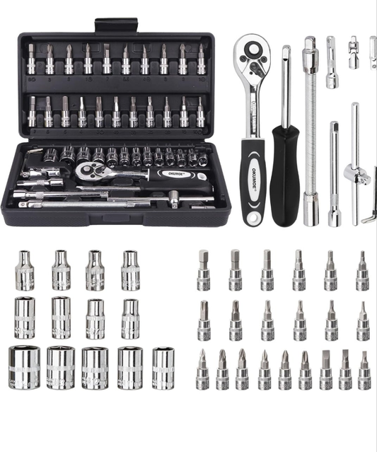 Socket Set, 46PCS 1/4 Inch Wrench Set, Ratchet Wrenches Set with CR-V Sockets Metric & Extension Bar for Automotive Repair & Home Use, Ratchet Set with Hard Storage Case