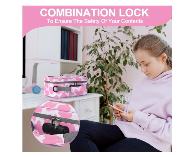 Large Storage Bag with 11 Small Items, Portable Storage Case with Combination Lock For Home and Travel(Cute Cow Print)Pink and white