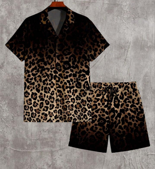 2pcs Set Men's Leopard Print Casual Oversize Full Print Short Sleeve Shirt & Matching Shorts