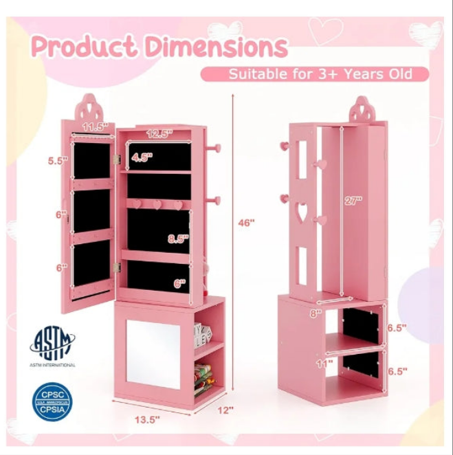 Kids Jewelry Armoire Cabinet, 46" Standing Jewelry Organizer with Full-Length Mirror, Rear Storage Shelves, Garment Rack, Kids Vanity Dress Up Mirror Jewelry Cabinet
