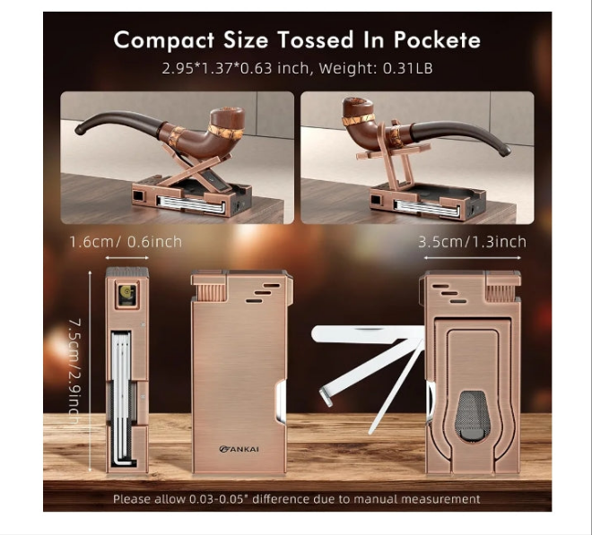 Multifunctional Pipe Lighter, Built-in Pipe Stand, 3 in 1 Cleaner Tools, Refillable Butane Lighter with Angled Soft Flame, Handy Gas Lighter for Pipe Gift