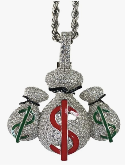 Custom MONEY BAG 925 Italy White Gold Finish Iced Silver Charm Ice Out Pendant Stainless Steel Real 3 mm Rope Chain, Mans Jewelry, Iced Pendant, Rope Necklace 16