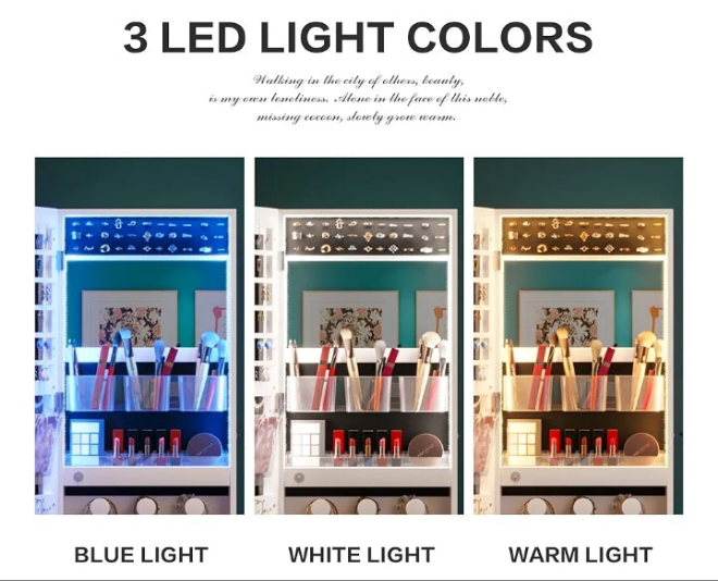 LED Mirror Jewelry Cabinet Standing, Lockable Jewelry Armoire Organizer Full Length Mirror with Storage, Adjustable Lights Jewelry