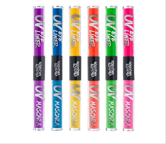 UV Blacklight Glow Eyeliner and Mascara Duo - 6 Color Variety Pack, 6ml – Day or Night Stage, Clubbing or Costume Makeup by Splashes & Spills