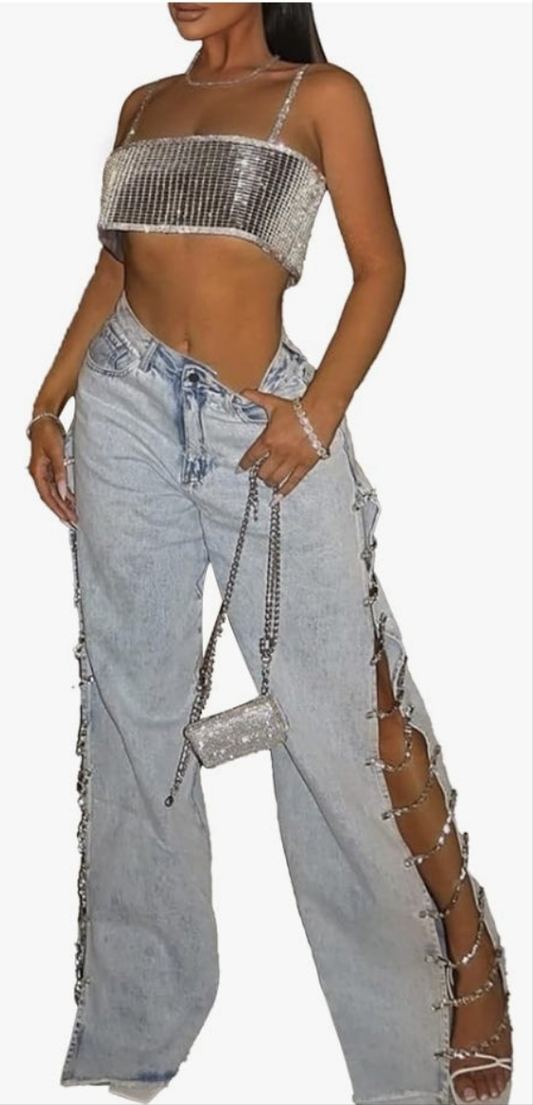 Covered in Diamond Lace Up Jeans High Rise Wide Leg Rhinestone Bandage Fringe Hem Split Denim Trouser