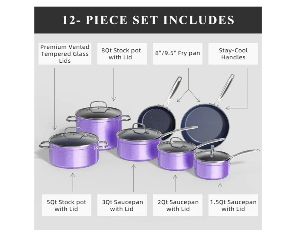 Ceramic Nonstick Cookware Set, Diamond Infused Scratch-Resistant, PFAS Free, Dishwasher & Oven Safe, Induction Ready & Evenly Heats, Tempered Glass Lids & Stay-Cool Handles
