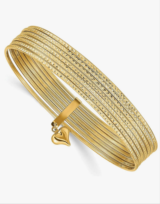 14K Solid Dangling Heart Love Tri Color Pink White Yellow Gold Set of 7 Slip On Bangle Bracelet