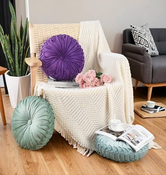 Set of 2 Decorative Round Pleated Throw Pillows, Classy Accent Pumpkin Throw Pillows with Center Button, Vintage Velvet Floor Pillows for Sofa Vanity Chair Bed, White, 14.5"inches Diameter(Ripple)