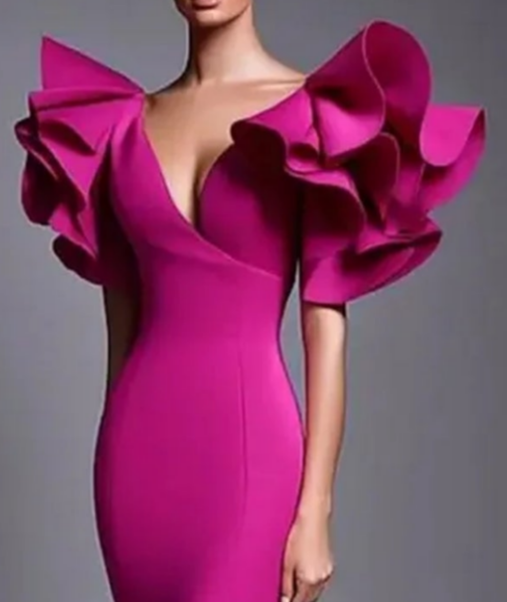 V Neck Ruffle Sleeve Mermaid Maxi Dress-Magenta [Custom-Made]COCOMONEY